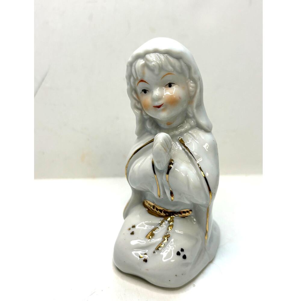 Vintage TOMA Porcelain Nativity Mary Kneeling White Gold 4" Figurine